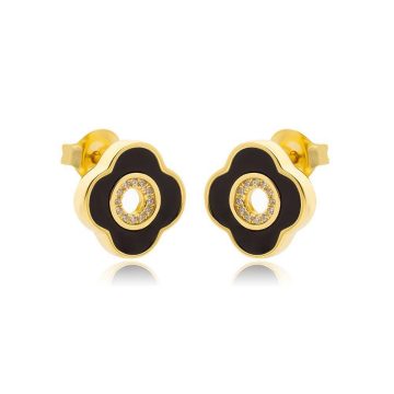 JOOLS Women’s earrings with black enamel and white zircon , gold plated silver (925°)