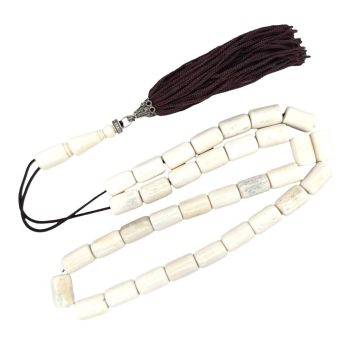 Kombolois carved camel bone white with tassel, 33 beads